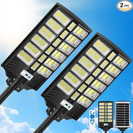 9000W Solar Street Lights Outdoor, Solar Powered LED Light Dusk to Dawn, Long-Lasting, Wide Angle, Motion Sensor & Remote Control, IP67 Waterproof, 0 Bill, for Yard, Parking, Outside, 2 Pack