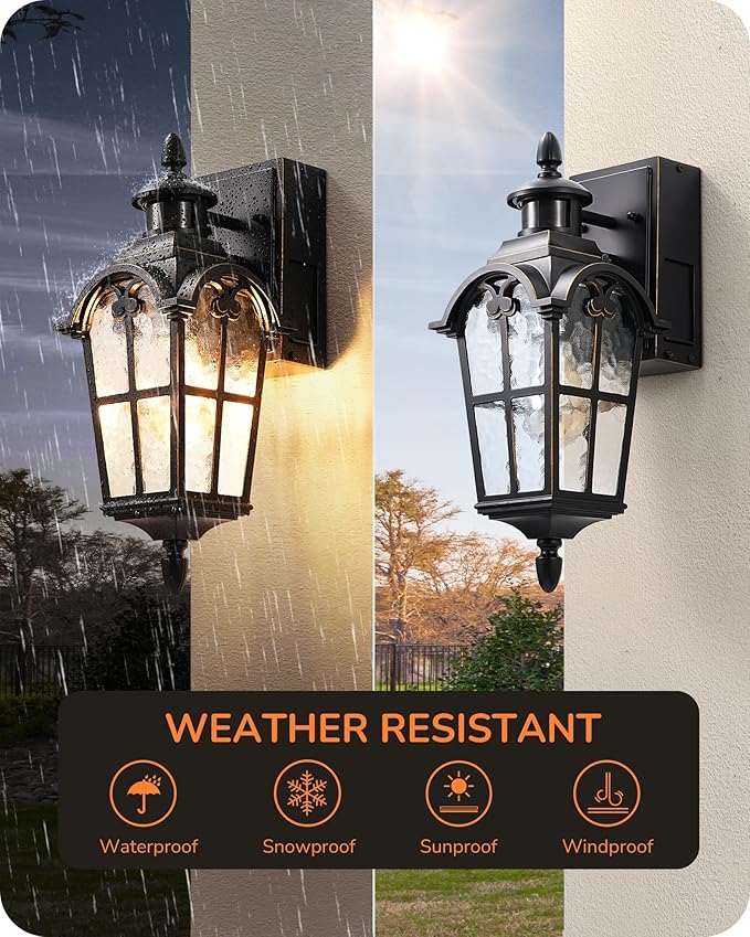 EDISHINE Motion Sensor Outdoor Lights, Porch Light with GFCI Outlet, Exterior Lighting Fixtures Dusk to Dawn Outside Wall Sconce with Water Ripple Glass, Wall Mount Lantern Lamp for House Garage