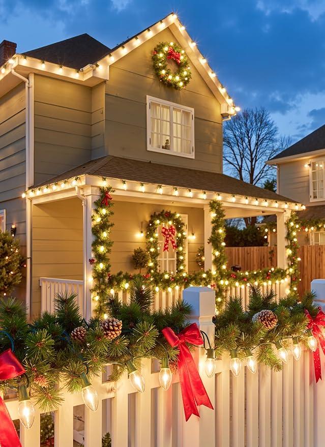 Minetom Vintage C9 Christmas Lights Outdoor, 25 Feet 25 LED C9 Christmas Decorations, Connectable Waterproof String Lights for Holiday Party Roofline Backyard Garden Patio, E17 Base, Warm White