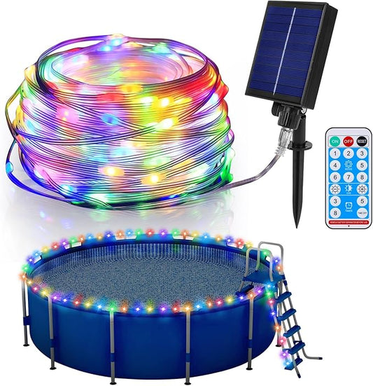 65ft Solar Pool Lights for Above Ground Pools, 180 LEDs Remote IP65 Waterproof Rope String Lights, 8 Color Modes, Swimming Frame Pool Decor Accessories for Outdoor Outside Trampoline Camping