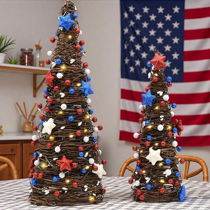 CRCZK 250 Anniversary USA Table Rattan Trees with LEDs, 4th of July Independence Day Table Centerpiece,Rustic Farmhouse Memorial Day Decorations 2PACK Red White Blue Patriotic Decorations