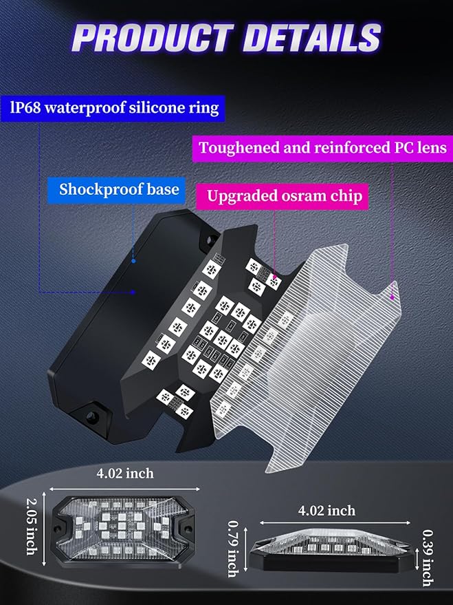 8Pods 5 Sides Full Angle RGB LED Rock Lights Kits High Brightness 27 Beads RGBW 5050 IP68 Waterproof Underglow Multicolor Exterior Wheel Rock Lights for 12V Trucks Jeep Offroad Pickup UTV ATV RZR SUV