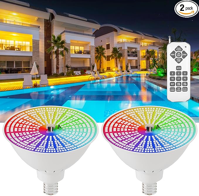JTT Pool Lights for Inground Pool-LED Pool Light Bulb for Above Ground Swimming Pool-35W(600W Eq.) 6500K 120V Spa Light Bulb E26 Base, Multi-Color & Adjustable with Remote Control - 2Pack