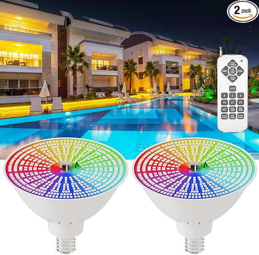JTT Pool Lights for Inground Pool-LED Pool Light Bulb for Above Ground Swimming Pool-35W(600W Eq.) 6500K 120V Spa Light Bulb E26 Base, Multi-Color & Adjustable with Remote Control - 2Pack