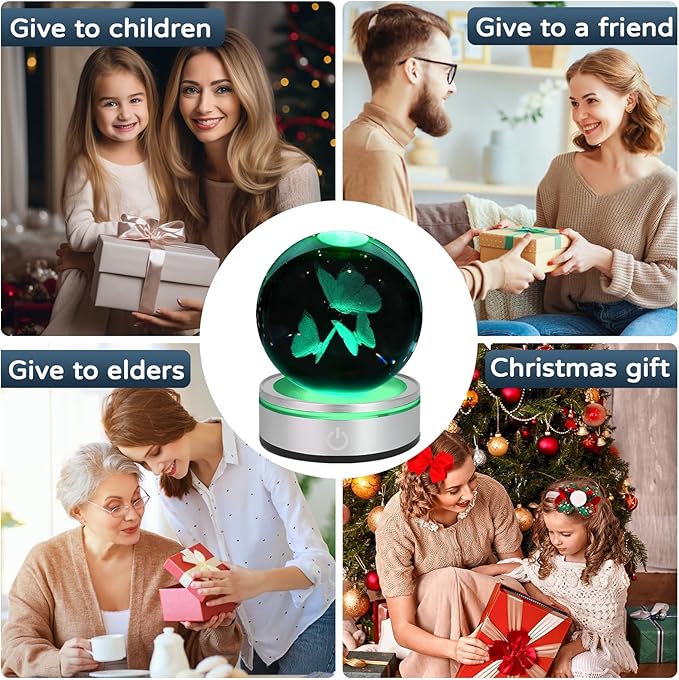 3D Butterfly Crystal Ball Night Light with LED Colorful Lighting Touch Base 3.15 In Butterfly Glass Sphere Lamp for Birthday Christmas Vivid Butterfly Figurine Home Decor Gift for Women Her Kids