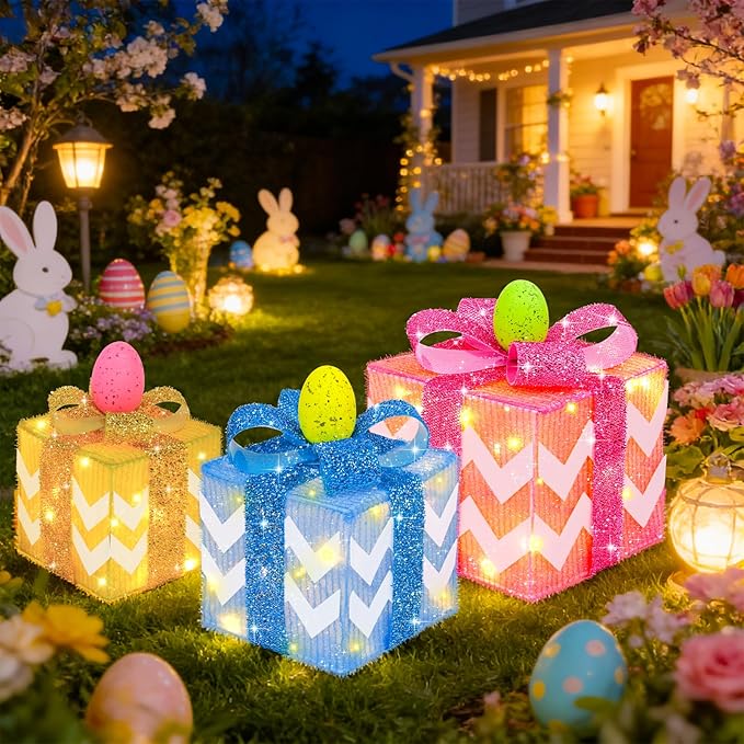 Timer & 8 Mode 3 Pack Easter Decorations, Pink Blue Yellow Easter Lighted Gift Boxes with Eggs Glitter Bow 60 LED Battery Operated Present Box, Easter Decor Spring Party Indoor Outdoor Home