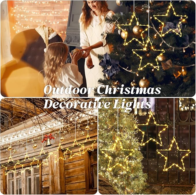 80 LED Star Christmas Decorations Lights Indoor, 3 Packs Battery Operated Hanging Cozy String Lights with Timer, 8 Modes Warm White Outdoor Christmas Decorations