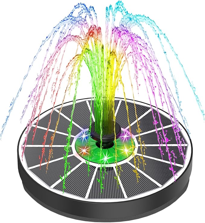 Yzert Solar Water Fountain with 2200 mAh Battery, 3.5W Glass Solar Fountain Pump Colorful LED Lights, Floating Solar Bird Bath Fountains with 4 Fixers & 7 Nozzles for Garden, Outdoor, Pond, Pool