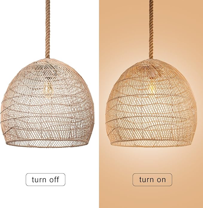 Arturesthome Natural Rattan Pendant Light for Kitchen Island, Woven Rope Lamp Shade, Hanging Ceiling Light Shade, Handmade Lampshade Chandelier D 23.6in*21.6in