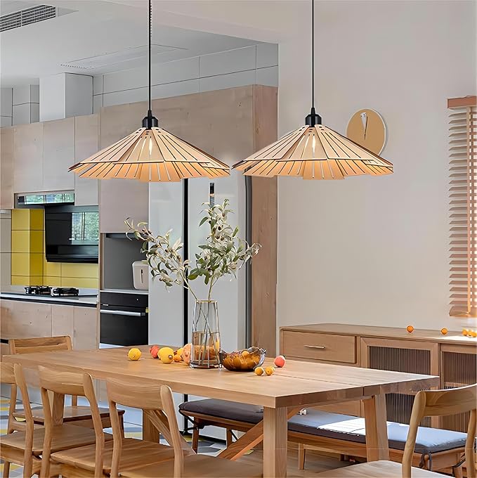 LIGHTLAND 16 Inch Wabi-Sabi Style Pendant Light, Wooden Hanging Light with Adjustable Hanging Length, Hanging Lamp for Bedroom, Dining Room, Bar - Hollowed, Wood Color, Pack of 1