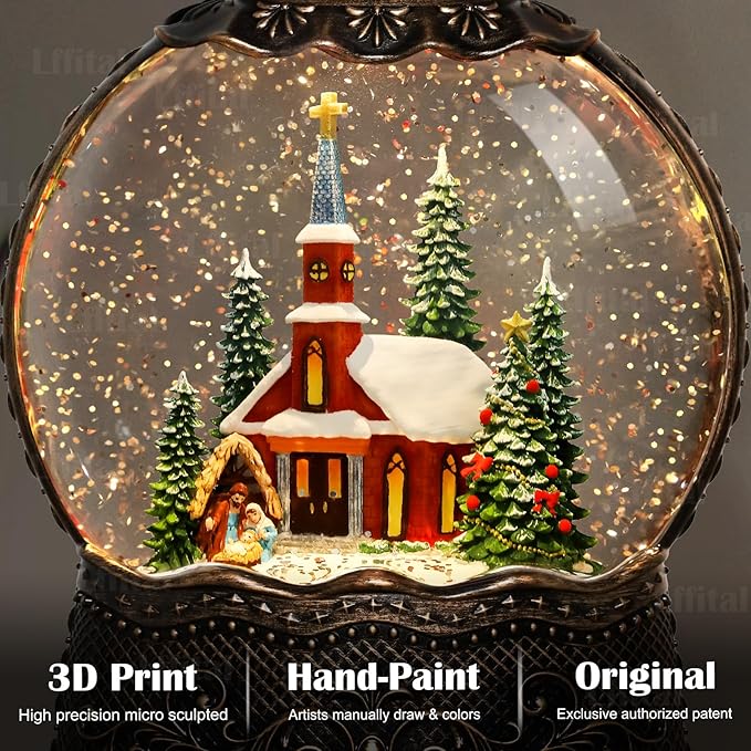 Christmas Snow Globes Church Snow Globe Lantern, Lighted Christmas Decorations Indoor for Home with Music Timer Glitter, Nativity Musical Festival Gifts, USB & Battery Operated 10.6 inch
