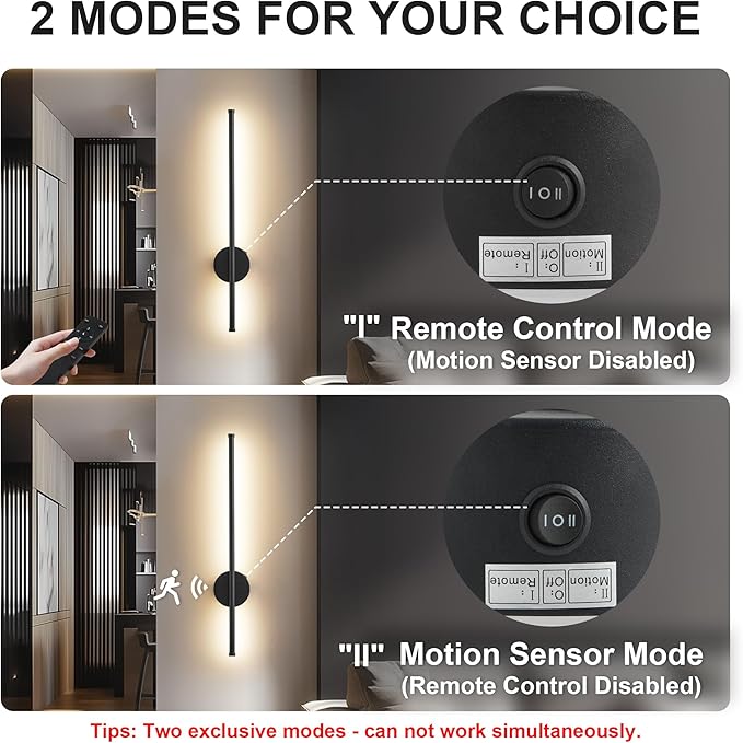 Motion Sensor Battery Operated Wall Sconce Set of Two - Modern Rechargeable Wireless Wall Lights with Remote Control, Dimmable, 3000K/4000K/6000K, Timer for Living Room, Hallway, 23.6 Inch, Black