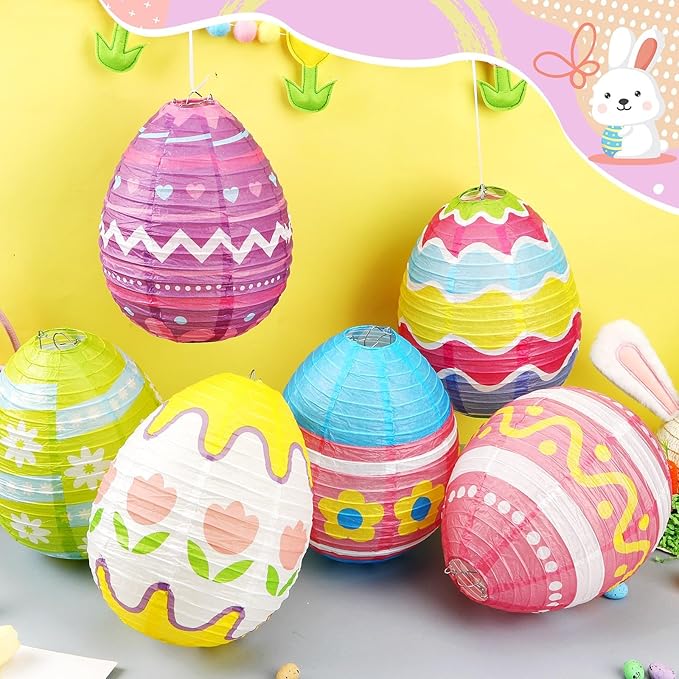 DECYOOL 12 Pieces Pastel Paper Lanterns, 6 Styles of Easter Egg Colorful Hanging Lantern Decor for Parties, Classroom Home Indoor Outdoor Celebrations