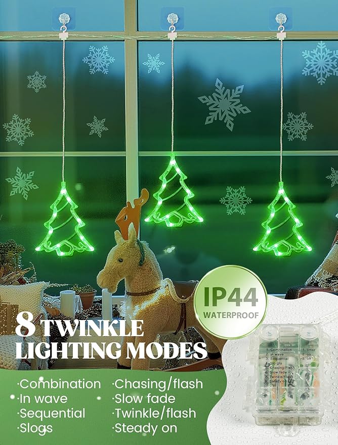 woohaha 30LED Christmas Window Lights,3 Christmas Tree Curtain String Lights USB/Battery Operated,Hanging Xmas Light for Indoor Outdoor Bedroom,Room,Wall,Party,Holiday Decorations(Green)