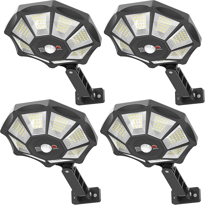 Solar Lights Outdoor, 168LED 6500K Flood Light Dusk to Dawn, 8 Sides Solar Outdoor Lights with Motion Sensor, IP66 Waterproof Solar Street Lights Outdoor for Yard, Pools(4 Pack)