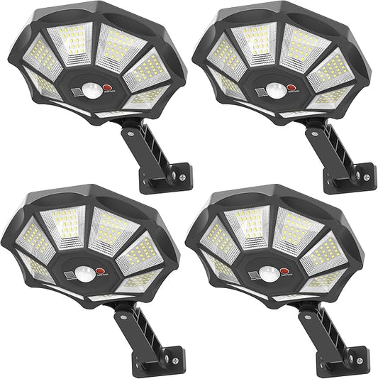 Solar Lights Outdoor, 168LED 6500K Flood Light Dusk to Dawn, 8 Sides Solar Outdoor Lights with Motion Sensor, IP66 Waterproof Solar Street Lights Outdoor for Yard, Pools(4 Pack)