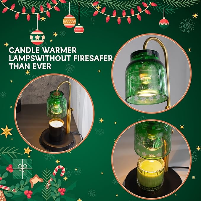 Christmas Candle Warmer Lamp, with 2 Bulbs,Timer & Dimmer,Compatible with Large Yankee Candle Jars,3 Wick Candles,Height Adjustable Electric Top Candle Melter,Green,110-120v,Mother's Day Gifts