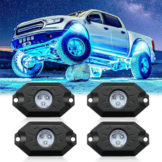LivTee RGB LED Rock Lights Kit, 4 Pods Waterproof Underglow Neon Lights with Bluetooth App Control - Multi-Color & Music Sync Wheel Light for Trucks SUV UTV ATV RZR Golf Cart