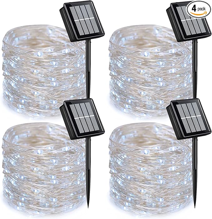 QITONG 4 Pack White Solar Christmas Lights, Each 33ft 100 LED Fairy Light Outdoor Waterproof, 8 Modes Silver Wire Christmas Twinkle Lights