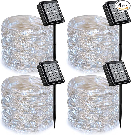 QITONG 4 Pack White Solar Christmas Lights, Each 33ft 100 LED Fairy Light Outdoor Waterproof, 8 Modes Silver Wire Christmas Twinkle Lights