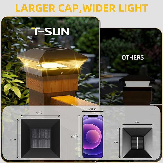 T-SUN Solar Post Cap Lights Outdoor 18 Pack, 2 Modes LED Fence Post Solar Lights Fit for 4x4 5x5 6x6 Vinyl/Wooden Posts, Waterproof Deck Post Lights Solar Powered for Garden Patio Gate Porch