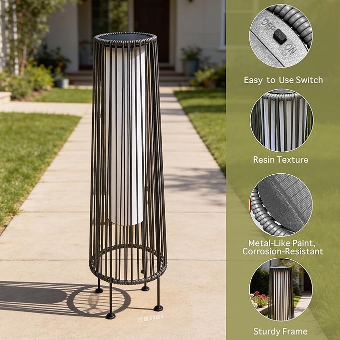 EcoGreen Outdoor Floor Solar Light 2-Pack, Wicker Solar Patio Lamp Waterproof Outside Deck Lamp for Porch, Yard, Garden, Lawn Decorations - Gray, Gordes 2 PCS