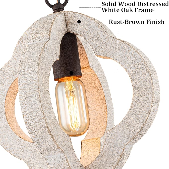 9.84" Modern Farmhouse Wood Pendant Lights Kitchen Island Orb Distressed White Oak Pendant Light Rustic Ceiling Hanging Light for Kitchen Sink Dining Room Hallway Entryway Foyer Adjustable Chain E26