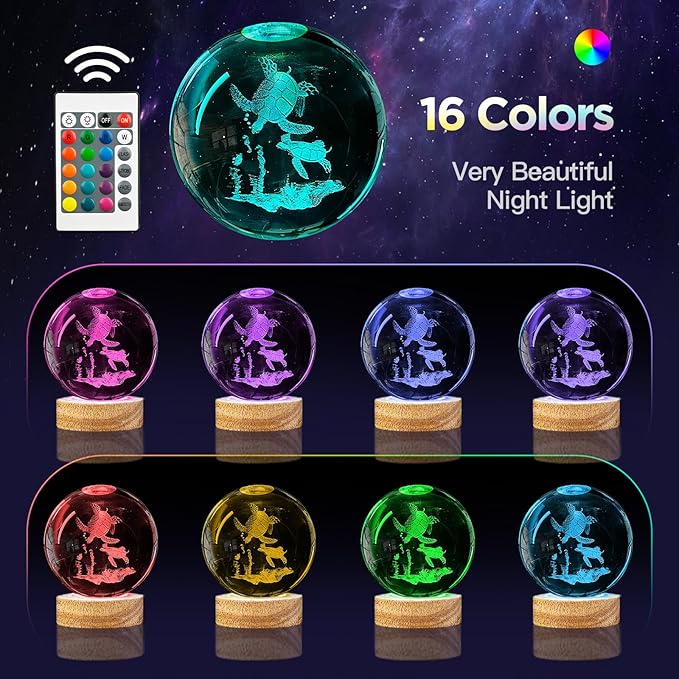 3D Sea Turtle Crystal Ball Night Light with Woodern Base, 3.15“ Sea Turtle Glass Ball Lamp 16 Colors with Remote Control Sea Turtle Figurines Cool Desk Decor Sea Turtle Gifts for Kids Friends Birthday