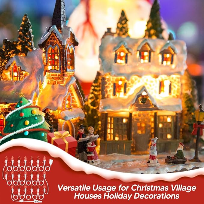 1Pack Accessory Cord with 20LED Light Bulbs and Outlet, Christmas Village Light 32.4FT String lights Cord 2Fuse C7/E12 Base Christmas Village Accessories for Halloween Christmas Village Houses