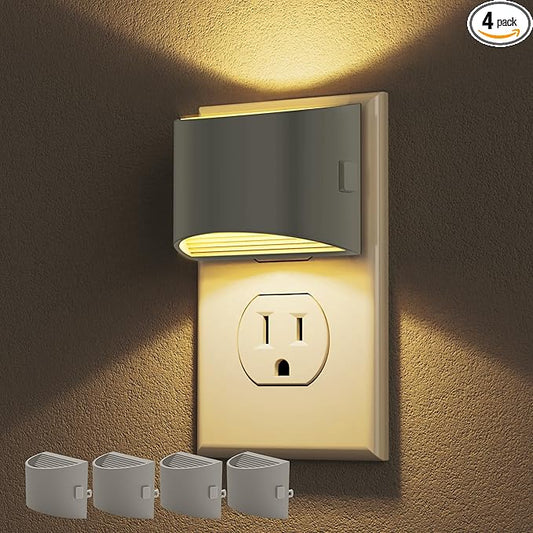 DORESshop LED Night Light[4 Pack], Night Lights Plug into Wall, 3 Level Brightness Adjustable Plug in Night Light, Dusk to Dawn Sensor Nightlights for Adults, Bedroom, Hallway, 3000K, Gray Cover