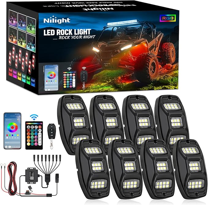 Nilight RGBW LED Rock Lights Kit, 8 Pods 22LED Wide Angle Remote & Bluetooth App Dual Control with Music Modes Multicolor Underglow Neon Wheel Well Light Fit for ATV UTV SUV Offroad Truck RZR Boat