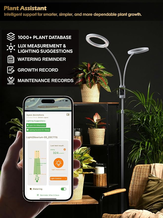 Smart Grow Lights for Indoor Plants, Plant Light with Auto-Timer, Full Spectrum LED Grow Light, Adjustable Height & Stepless Dimming,Plant Assistant Suitable for Most Plants (White, 48W)