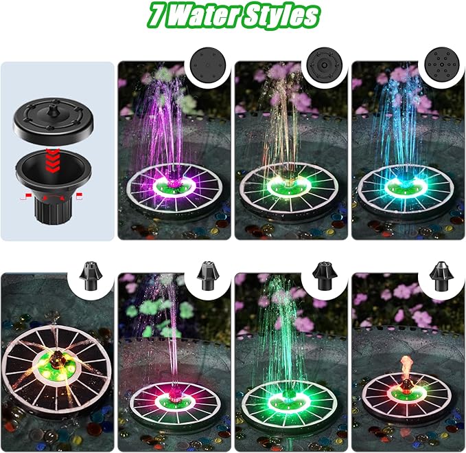 Yzert Solar Water Fountain with 2200 mAh Battery, 3.5W Glass Solar Fountain Pump Colorful LED Lights, Floating Solar Bird Bath Fountains with 4 Fixers & 7 Nozzles for Garden, Outdoor, Pond, Pool