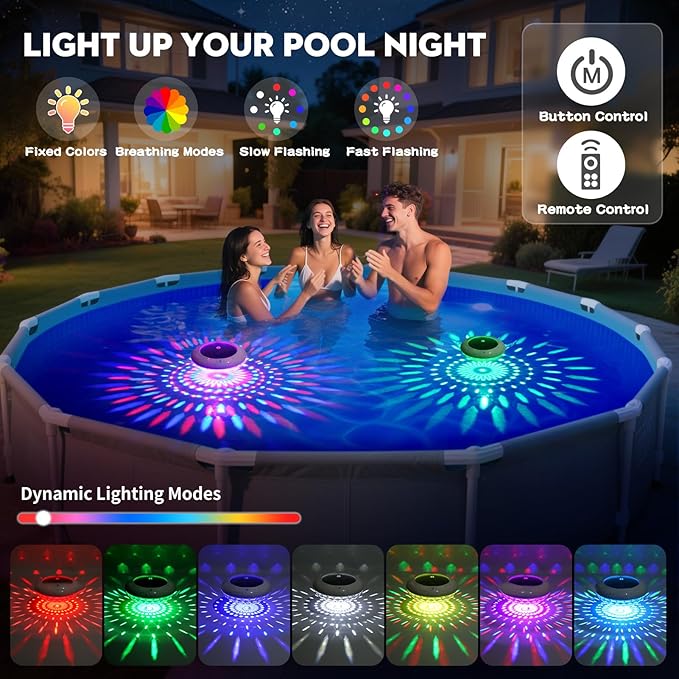 Floating Pool Lights w/Remote, 6.5 Inch RGB Solar Pool Lights That Float with 9 Dynamic Lighting, IP68 Waterproof Pool Floating Light, Hangable Solar Floating Light for Pools Party Garden(2)