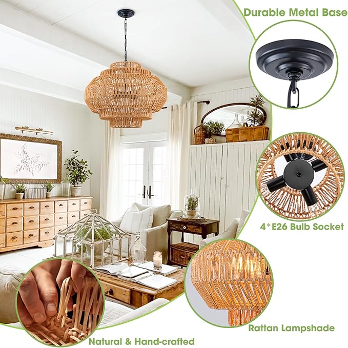 23.6‘’ Rattan Chandelier Dinning Room Pendant Light Fixture Boho Chandelier Boho Hanging Light Large Basket Light Woven Rattan Pendant Light for Kitchen Island Bedroom Farmhouse Living Room