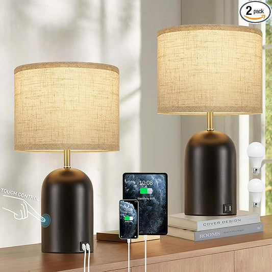 GyroVu Bedside Lamps with USB C+A Charging Ports, Table Lamp Touch Control Dimmable Modern Lamp for Bedroom Lamps for Night Stands with Fabric Shade for Living Room Office Dorm (LED Bulbs Included)
