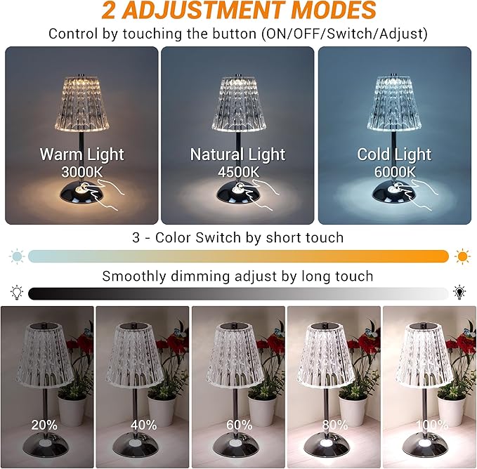 Cordless Table Lamp, 4000mAh Rechargeable Battery Operated Lamp, 3 Color Modes & Stepless Dimmable LED Touch Lamp, Portable Crystal Metal Beside Lamps for Bedroom Restaurant(Silver Chrome)