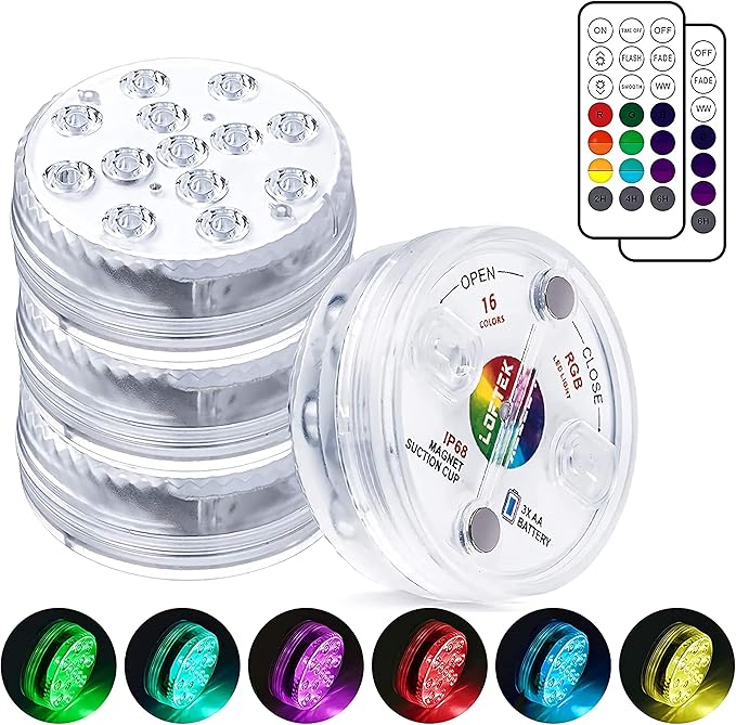 LOFTEK Submersible LED Lights with Remote, 13 LED Pool Lights for Inground Above Ground Pool with Magnets &10 Suction Cups,16 Color Changing Underwater Light for Ponds Battery Operated (4 Packs)