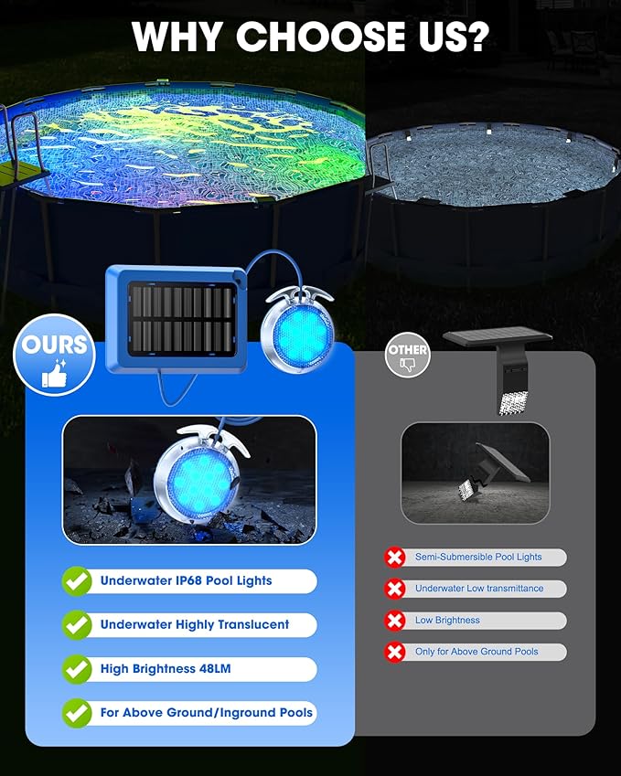 Solar Pool Lights,Underwater IP68 Pool Lights with 8-Color Changing and 9 Modes,Solar Powered LED Swimming Light with Remote Control for Above Ground Pools/Inground Pools-2 Pack-Blue