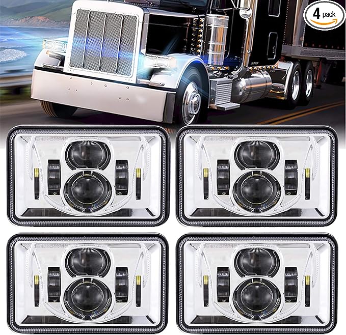 BICYACO 4 PCS DOT 4x6 Inch LED Headlights Rectangular Replacement H4651 H4652 H4656 H4666 H6545 Compatible with Peterbilt Kenworth Freightliner Ford Probe Oldsmobile Cutlass