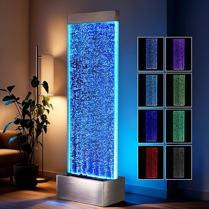 Bubble Wall Waterfall Fountain, Acrylic Indoor Floor Standing Water Wall with Changing LED Color Lights Remote Control, 64" x 19", Housewarming, Christmas Home Decor (Bubble Wall)