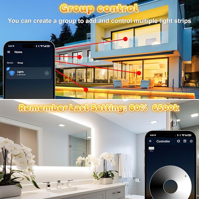 65.6FT Outdoor LED Strip Lights Waterproof IP67, Dimmable 3000K-6500K Warm White LED Rope Lights Outdoor Waterproof with Remote & APP, 24v Adhesive Exterior Lighting for Patio, Deck, Gazebo
