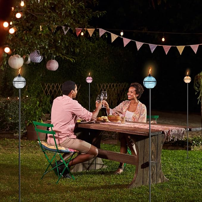 Citronella Torches Set of 4, Large Capacity 16 oz Outdoor Glass Torch Garden Décor，58.6 - Inch Upgraded Citronella Torches with 3-Prong Grounded Stake for Yard, Patio, Gatherin