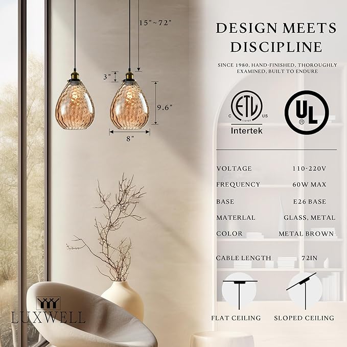 Modern Glass Pendant Light, 8"x9.6" Amber Ribbed Hanging Light Fixture with Gold Cap, 15"-72" Adjustable Cord, E26 Socket for Kitchen or Entryway – Sunrise Glow Teardrop