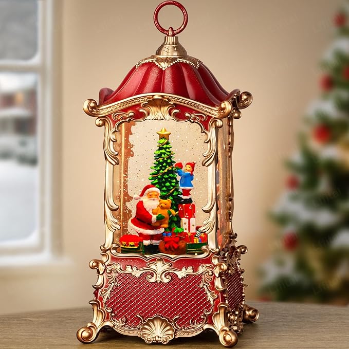 Christmas Snow Globes Santa Claus Snow Globe Lantern, Lighted Christmas Decorations Indoor for Home with Music Timer Glitter, Rotating Train Festival Gifts, USB & Battery Operated 12.5 inch