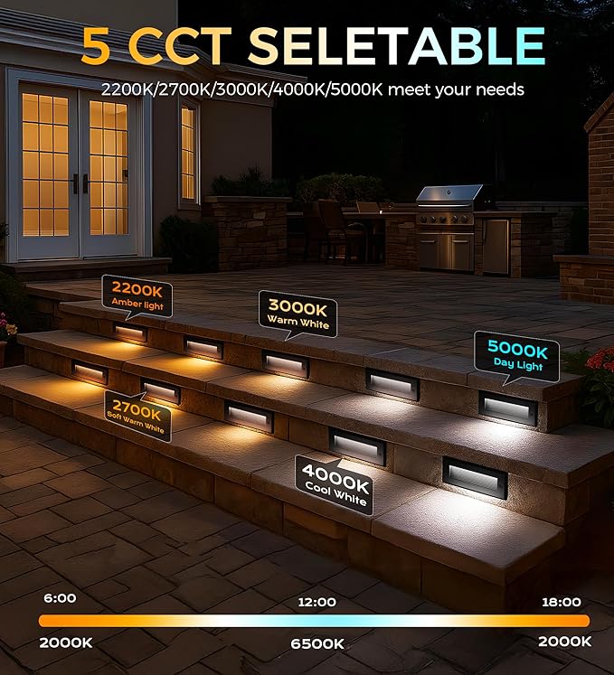 [6 Pack] Cloudy Bay 9 Inch 5CCT Low Voltage LED Outdoor Step Lights 12V-15V 3W/5W Dual-Bright Selectable Landscape Stair Lights,Exterior Deck Lights, Aluminum,Metal Black