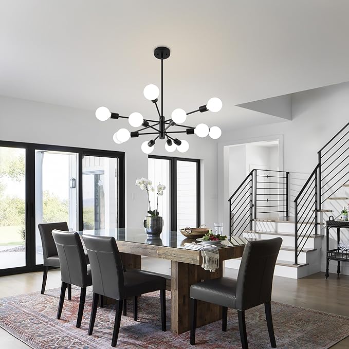 Sputnik Chandelier, Black Modern Chandeliers, Mid Century Ceiling Lighting Fixture for Living Room, Kitchen, Bedroom, Dining Room, Farmhouse (12-Light)