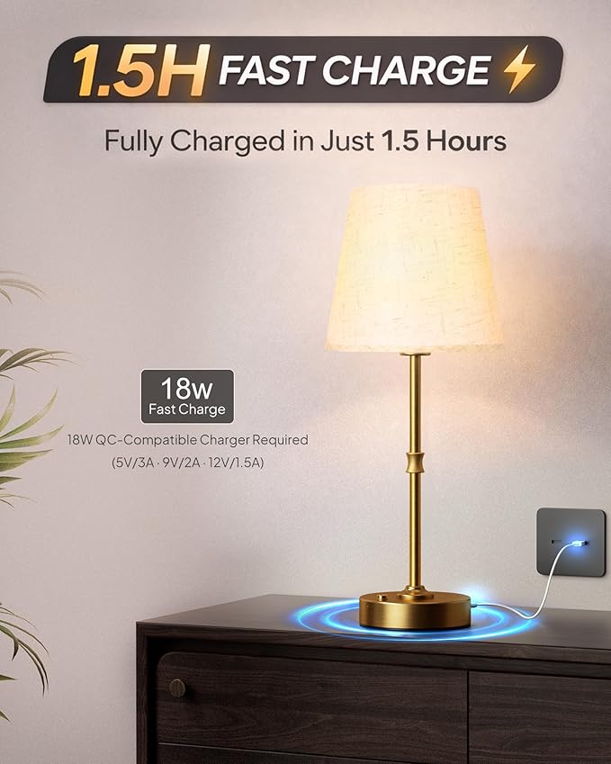 EppieBasic Cordless Table Lamp Rechargeable: Fast Charging & Long Lasting - 2700K Warm Light Vintage Gold Lamps - Dinning Living Room Bedroom - Linen Shade