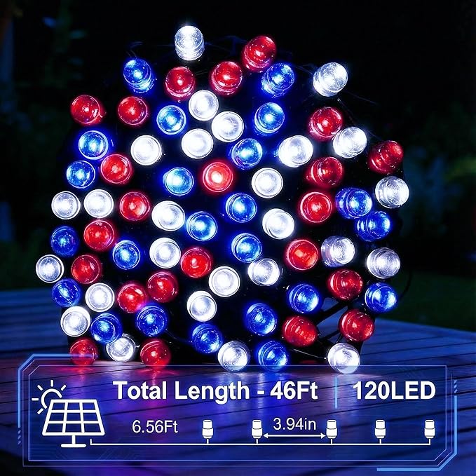 Solar Red White Blue String Lights 46FT 120LED Patriotic Light with 8 Modes Waterproof Solar Powered Outdoor Lights for 4th of July Memorial Day Independence Day Garden Patio Party Decor