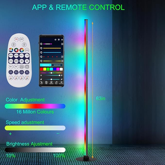 Smart RGB Corner Floor Lamp, 5.3FT Height LED Standing Lamp with APP/Remote Control, for Living Rooms, Bedrooms, and Gaming Rooms